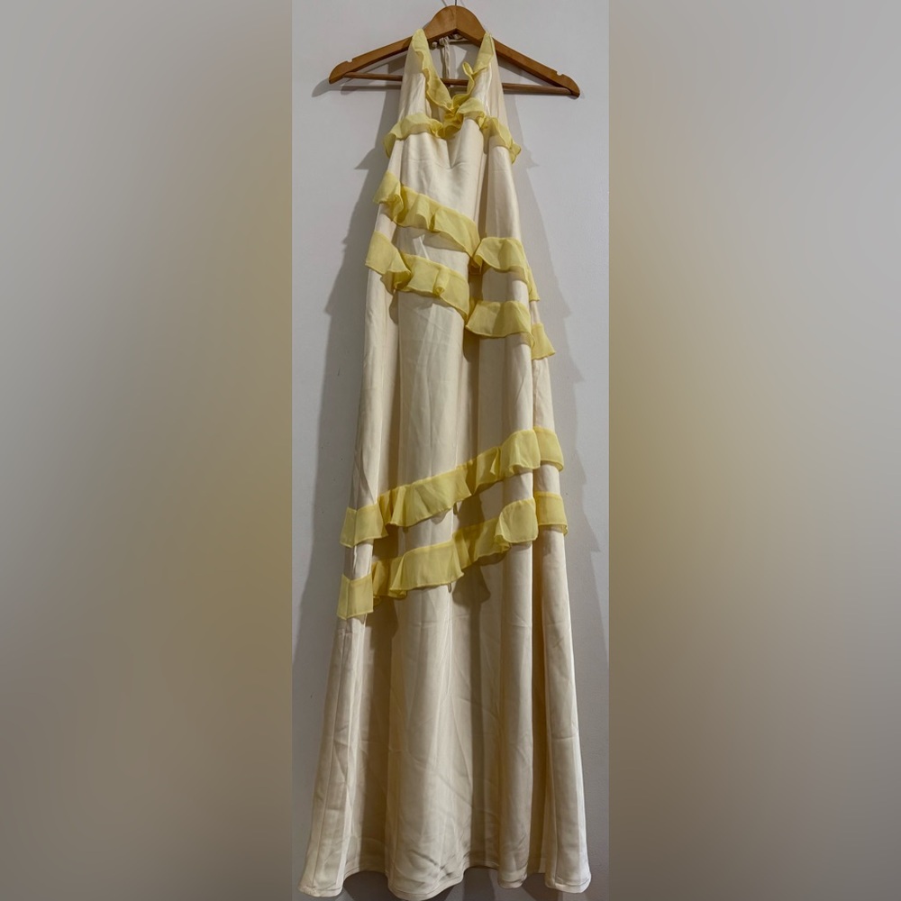 Beginning Boutique Cream Halter Maxi Dress with Yellow Ruffle Accents